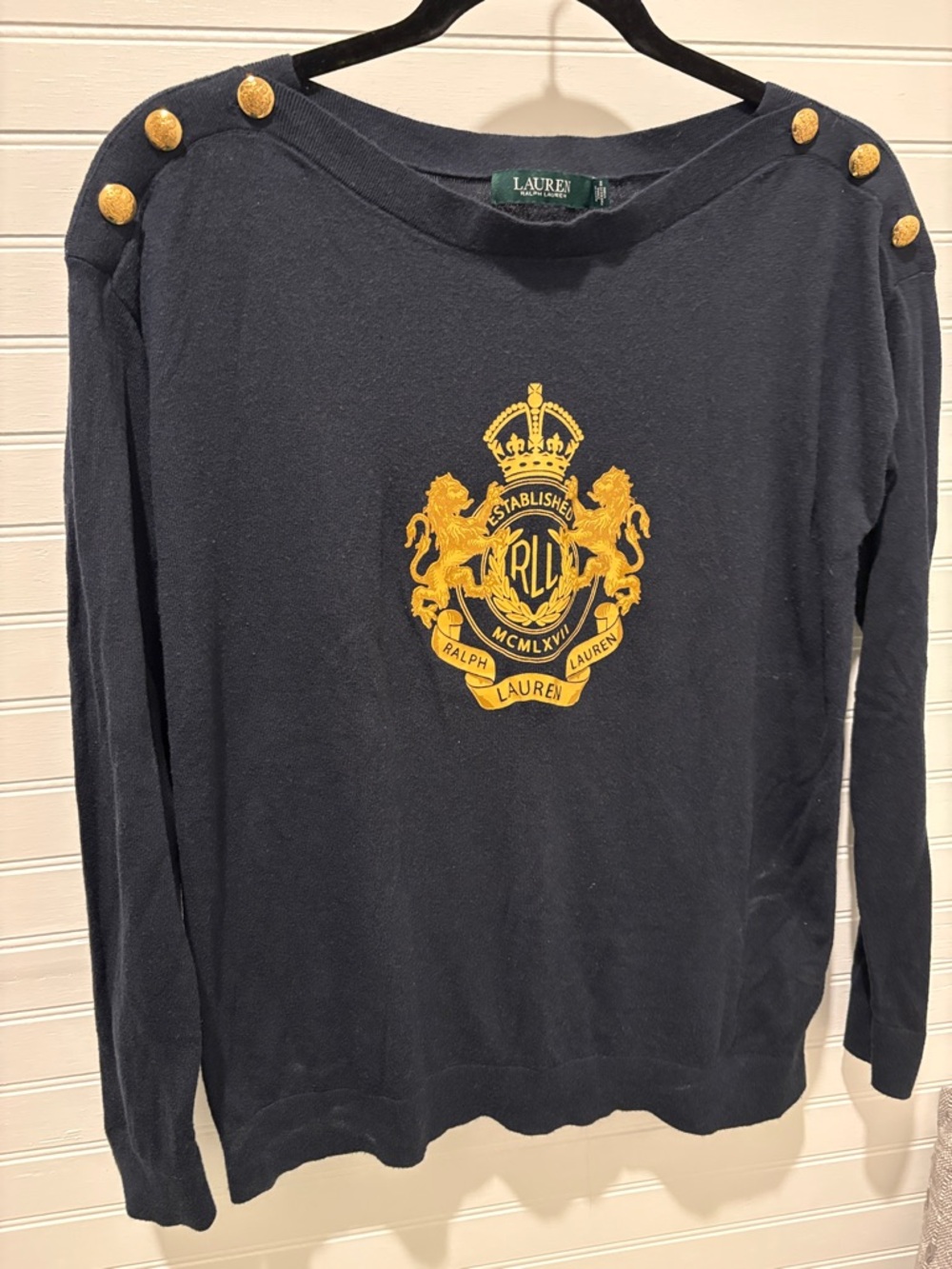 Lauren Ralph Lauren Navy Sweater with Gold Crest and Buttons